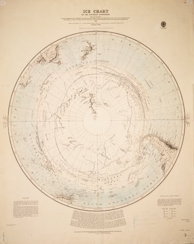 A déli félteke jégtérképe Cook 1772-5, Bellingshausen 1819-21... és Shackleton 1908-9 útjai alapján összeállítva. alkotó: British School