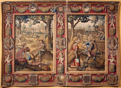 Július és augusztus: "mezőgazdasági munkák és betakarítások" A Mortlake-i manufaktúrák gobelinje. 17. század Genes, Musei di Strada Nuova alkotó: British School