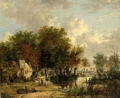 River Scene, Boy Driving Sheep (olaj, fa) alkotó: British School