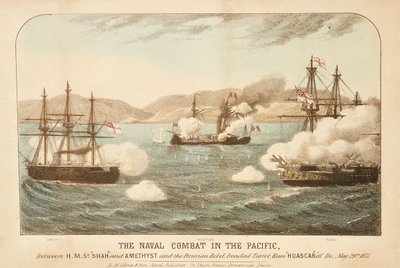 A csendes-óceáni tengeri ütközet a HMS "Shah" és "Amethyst" és a perui lázadó, a vasaló torony Ram Huascar között Ilo előtt, 1877. május 29. alkotó: British School
