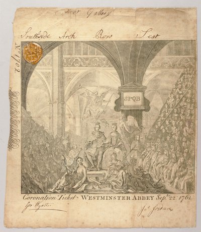 Jegy III. György koronázási ceremóniájára a Westminster Abbeyben, George Bickham metszetével, 1761. szeptember 22-én (metszet) alkotó: British School