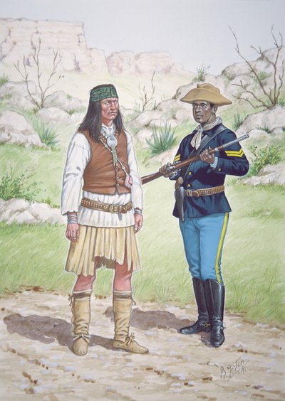 Egy chiricahua apacs harcos és a 10. amerikai lovasezred tizedese 1886-ban, egy hat tablóból álló sorozatból. alkotó: Bryan Fosten