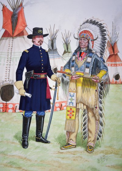 Vörös Felhő, az oglala sziúk törzsfőnöke békepipát nyújt az 5. amerikai lovasezred egyik tisztjének az 1868-as Fort Laramie-i szerződés aláírásakor, egy hat tablóból álló sorozatból. alkotó: Bryan Fosten