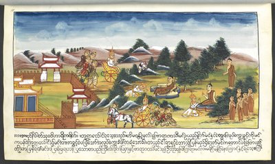 Mss Burmese 202, f.11 Istenségek egy tájban, a „Buddha születési történeteiből” (akvarell papíron) alkotó: Burmese School