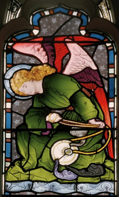 Gillingham, St Mary, keleti ablak, Heaton, Butler  Bayne, ismeretlen művész, érzékelő angyal, 1868 körül alkotó: Butler and Bayne Heaton