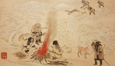 Sika szarvasvadászat. Az Ainu című sorozatból, a 19. század második fele.. alkotó: Byozan Hirasawa