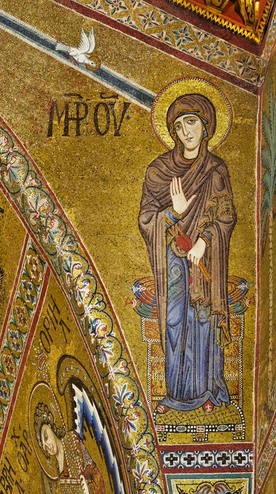 Apszis: Szűz, bizánci mozaik bejelentése arany háttérrel az apszis timpanonjában (mozaik) alkotó: Byzantine