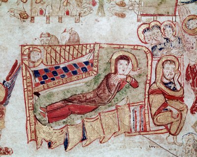 Bizánci művészet: „” Születés és angyali üdvözlet a pásztoroknak”” Miniatűr az „Exultet”-ből átvéve a 11. század elejéről Museo Diocesano, Gaeta alkotó: Byzantine