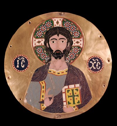 Bizánci művészet: „” christ pantocrator”” (Krisztus a dicsőségben) Jézus Krisztus aureoláját kereszt jelzi, és az ICXC krisztogramon olvasható - 10. századi zománc Madrid, Museo Lazaro Galdiano - Bizánci művészet: Christ Pantocrator (Krisztus) a dicsőségbe alkotó: Byzantine