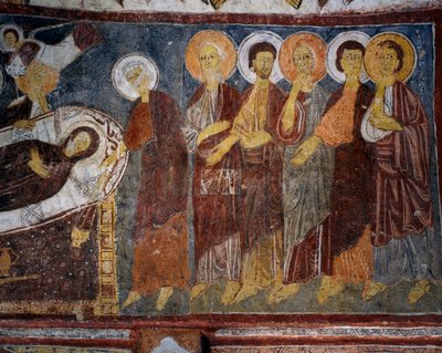 Szűzanya az apostolok között, részlet, bizánci freskó (13. század), Gulsehir Karsi Kilise (Szent János-templom), Göreme (unesco világörökségi lista) alkotó: Byzantine
