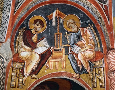 Márk és János evangélisták evangéliumokat írnak, Karanlik Kilise (Sötét templom) (XII-XIII. század), Göreme (az UNESCO világörökségi listája) alkotó: Byzantine