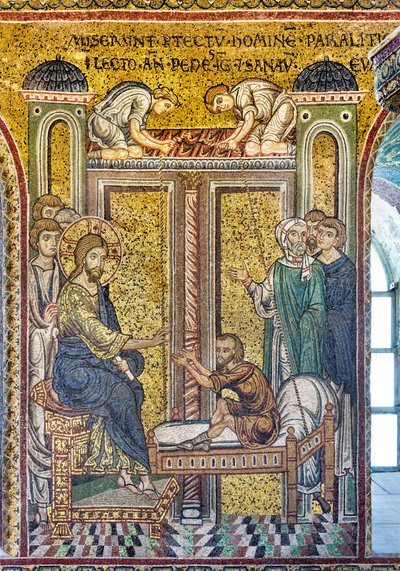 Jézus a bénítót gyógyítja, bizánci mozaik, Epizódok Krisztus életéből, XII-XIII. század (mozaik) alkotó: Byzantine