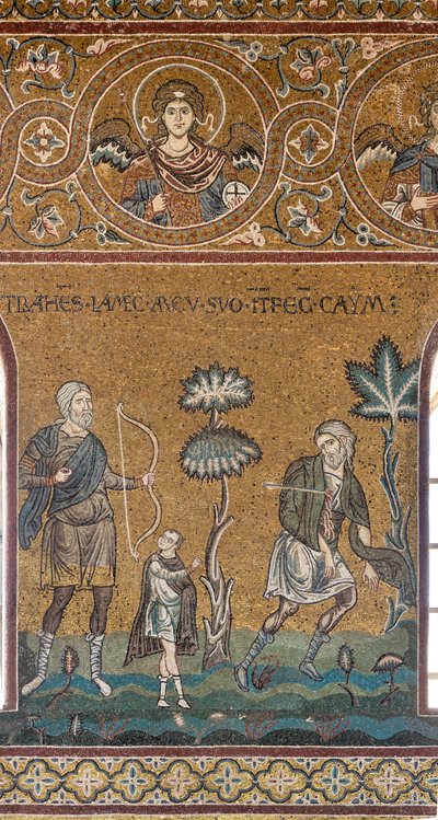 Lámek megöli Káint, bizánci mozaik, Ószövetségi ciklus-Földi paradicsom, XII-XIII. század (mozaik) alkotó: Byzantine