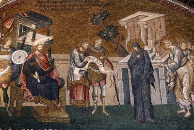 Mária és József, mielőtt Cyremius beiratkozott volna az adózásra, egy őrrel, egy írnokkal és egy tiszttel, kb. 14. század (mozaik) alkotó: Byzantine