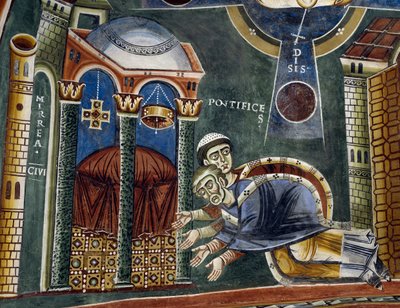 Szent Miklós Myra püspökének szentelt, Részlet Szent Miklós történeteiből, Román freskó, bizánci stílus, 11. század vége, Szent Eldrad és Szent Miklós kápolna, Novalesa apátság, Piemont, Olaszország. alkotó: Byzantine