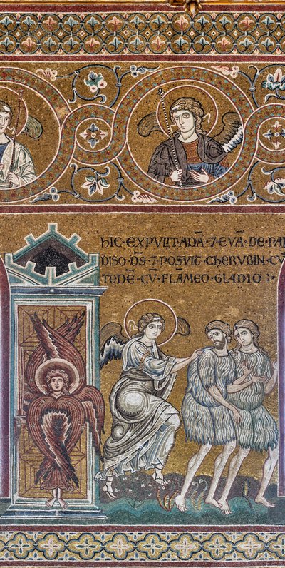 A kiűzetés a földi paradicsomból, bizánci mozaik, ószövetségi ciklus – földi paradicsom, XII-XIII. század (mozaik) alkotó: Byzantine
