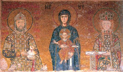 A Szűz gyermekkel II. Komnénosz János császár és felesége, Irén között, c1118. alkotó: Byzantine Master.
