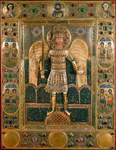 Bizánci művészet: Szent Mihály arkangyal ábrázolásának misekönyv-dekoréjának kötése - Arany levelek és Emaux alkotó: Byzantine School