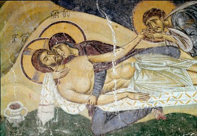 Bizánci művészet: „Siralom Krisztus haláláról”” Festő XII. századi freskója. Részlet. Nerezi, San Pantaleimone, Macedoine alkotó: Byzantine School