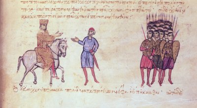 MMS Vitr 26-7 A Bizánci Hadsereg elrepülte a Krum cár bolgárjait a madridi Skylitzestől (tinta és arany pergamen) alkotó: Byzantine School