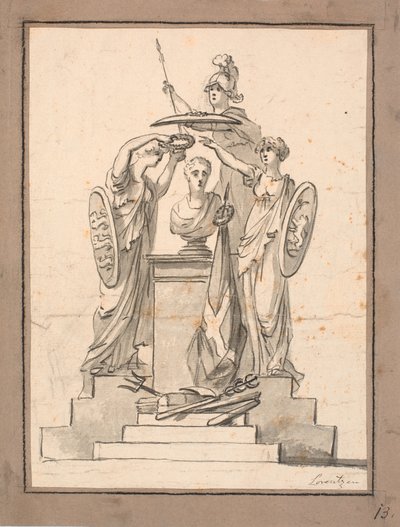 Egy mellszobrot (Fr. VI?) három címeres nő koronáz meg alkotó: C.A. Lorentzen