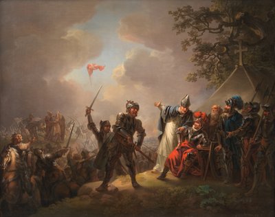 A dán zászló (a Dannebrog) legendája az észtországi Lyndanisse-i (Tallinn) csata során az égből lehullásáról 1219-ben alkotó: C.A. Lorentzen