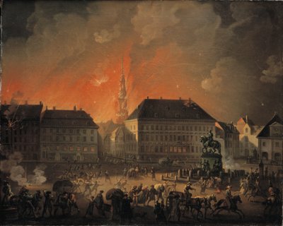 A legszörnyűbb éjszaka. Kongens Nytorv kilátása Koppenhágában a koppenhágai angol bombázás során 1807. szeptember 4. és 5. között éjszaka alkotó: C.A. Lorentzen