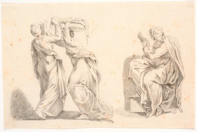 Két klasszikus köntösben viselő nő Michelangelo után kosarat és szibillát cipelnek alkotó: C.A. Lorentzen