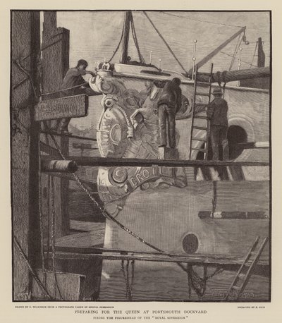 Viktória királynő felkészítése a portsmouthi dokkban (metszet) alkotó: C.A. Wilkinson