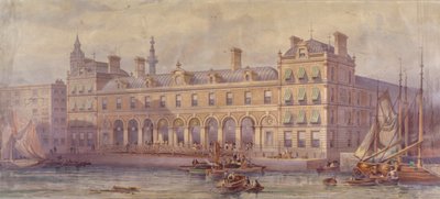 Kilátás a Billingsgate piacra figurákkal és csónakokkal az előtérben, London, 1877 alkotó: CF Kell