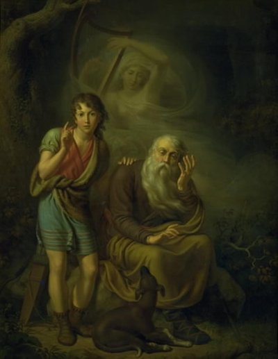 Ossian és Alpin fia hallja Malvina szellemét megérintve a hárfát. Ossian Hattyúdalának illusztrálása alkotó: C.G. Kratzenstein Stub