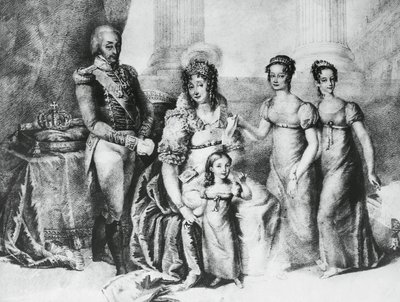 I. Viktor Emmánuel, Szardínia királya, Savoyai, Piemont és Aosta hercege portréja feleségével, Ausztriai Mária Teréziával és lányaival, Savoyai Mária Terézével (1803-1879), Savoyai Mária Annával és Savoyai Mária Krisztinával , gravírozás alkotó: J.B. and Brown J. Rowbotham