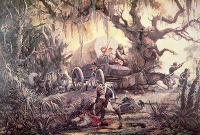 Seminole indiánok lesből támadnak egy amerikai tengerészgyalogos kocsit alkotó: J.B. and Brown J. Rowbotham