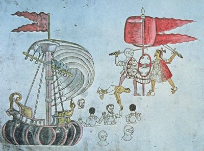 Hernan Cortes spanyol katonái 1519-ben partra gázolnak, hogy az aztékok ellen harcoljanak, az Azcatitlan kódexből kimásolva, 1550 körül (színes litho) alkotó: J.B. and Brown J. Rowbotham