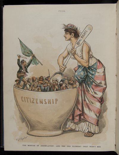 Az asszimilációs habarcs – És az egyetlen elem, amely nem keveredik, illusztráció a Puck Magazine-ból, 1889. június 26. alkotó: C.J. Taylor