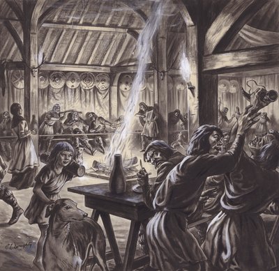 Lakoma egy angolszász thegns teremben (gouache, papír) alkotó: C.L. Doughty