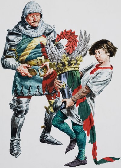 Egy lovag felveszi a páncélját (gouache, papír) alkotó: C.L. Doughty