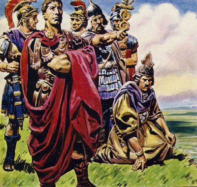 Gallia meghódítása után Julius Caesar Britanniát vette célba (színes litográfia). alkotó: C.L. Doughty