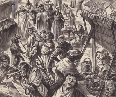 Kereskedők egy középkori vásáron (gouache, papír) alkotó: C.L. Doughty