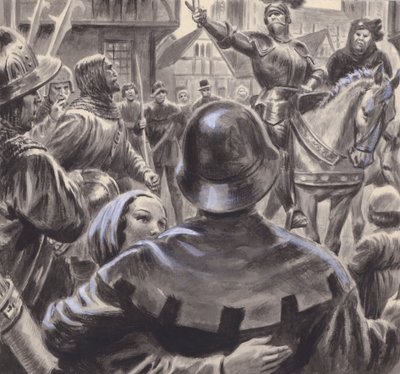 Veszekedő nemesek sereget toboroztak a százéves háborút követően 1453-ban Angliába özönlő munkanélküli katonákból (gouache, papír). alkotó: C.L. Doughty