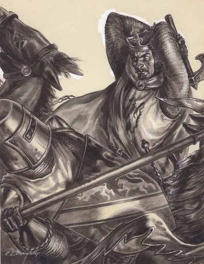 Robert Bruce megöli Sir Henry de Bohun-t () (gouache, papír) alkotó: C.L. Doughty