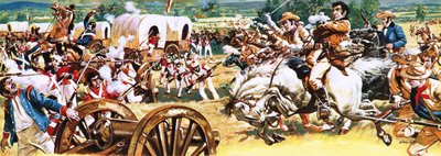 Sam Houston fehér lovon támad a mexikóiakra. alkotó: C.L. Doughty