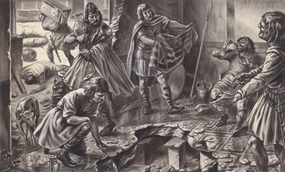 Szászok fosztogatnak egy régi római villát (gouache, papír) alkotó: C.L. Doughty