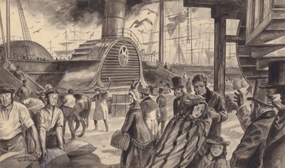 A Cunard Companys gőzhajója, a Britannia, amely 1840-ben kéthetente indított járatot Amerikába (gouache, papír). alkotó: C.L. Doughty
