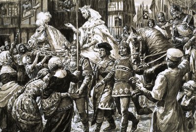 Az angolok üdvözlik Izabella királynő és Roger Mortimer lázadó seregét. alkotó: C.L. Doughty