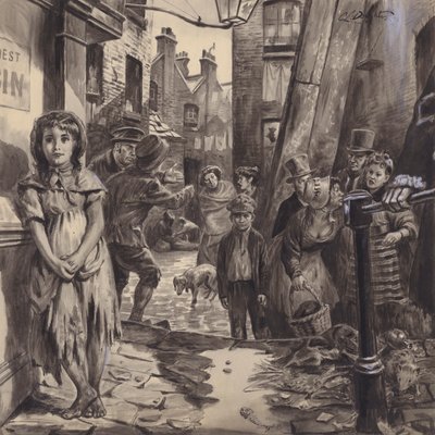 Viktoriánus nyomornegyed jelenet (gouache, papír) alkotó: C.L. Doughty