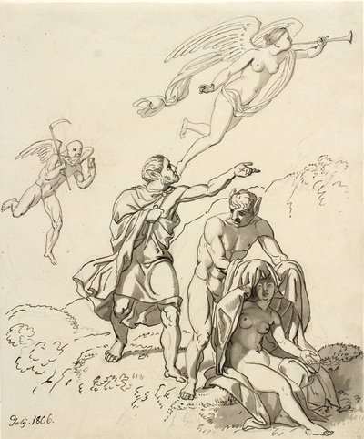 Allegorikus kompozíció; egy pár szamárfülű fiatal férfi és egy ülő meztelen nő, a háttérben lebeg az idő és állatvilág alkotó: Christoffer Wilhelm Eckersberg