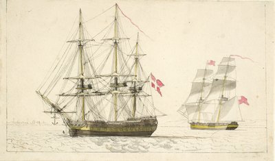 Egy dán fregatt horgonyban és egy angol brig vitorlás alatt alkotó: Christoffer Wilhelm Eckersberg