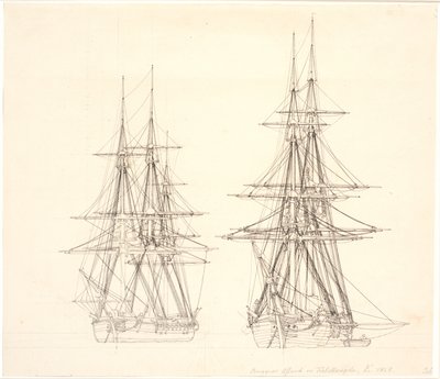 Egy korvett és egy brig a horgonyban. alkotó: Christoffer Wilhelm Eckersberg