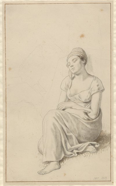 Egy nő egy kőtömbnek dőlve alszik. alkotó: Christoffer Wilhelm Eckersberg